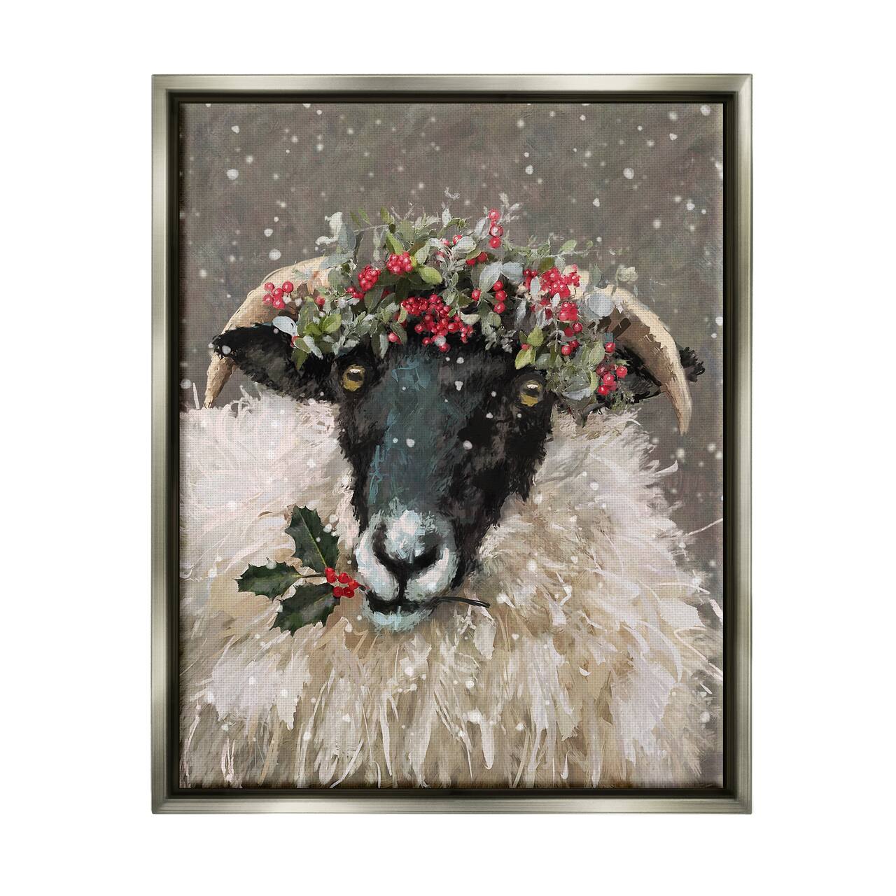 Stupell Industries Holiday Berries Farmhouse Sheep Framed Floater Canvas Wall Art